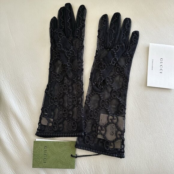 NWT GUCCI GLOVES TULLE LACE GG BLACK Sz 7.5 M - Picture 5 of 9